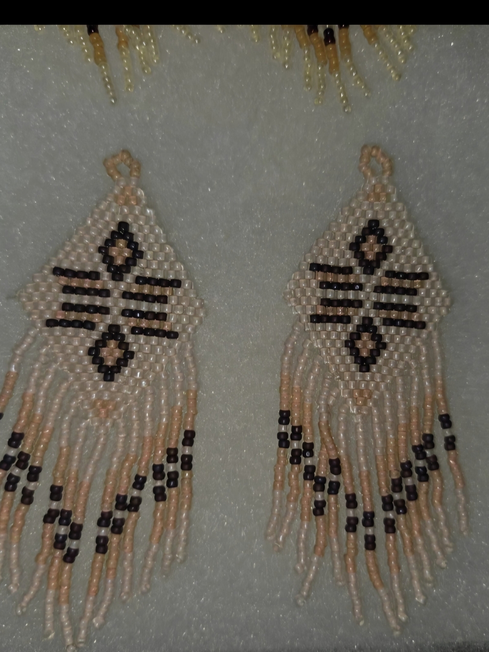 Beaded Fringe Earrings Geometric Neutral Cream Peach Bohemian Dangle